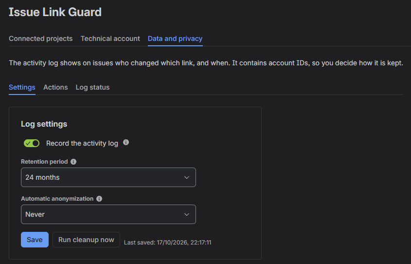 The Data and privacy tab with the log settings: record the activity log, retention period, automatic anonymization
