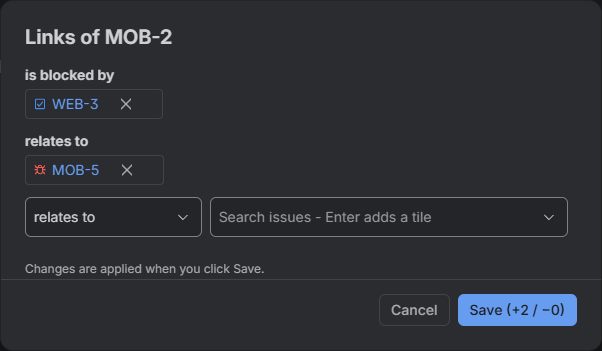 The link window with links grouped by type and the Save button showing two links to add