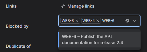 Editing the Blocked by picker: two issues already picked and a third one offered by the search