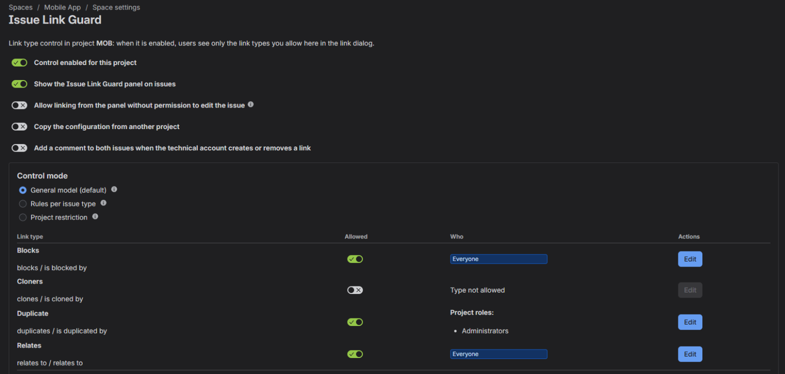 Issue Link Guard project settings: control enabled, general model, a table of link types with who can use them