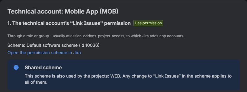 Step 1 of the setup dialog: the app has the Link Issues permission, and the scheme is shared with another project