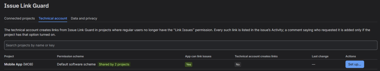 The Technical account tab of the admin page with one project